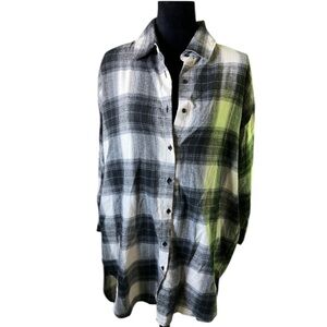 CJLA Womens Black Cream Plaid Flannel Button Down Tunic Shirt Top Medium